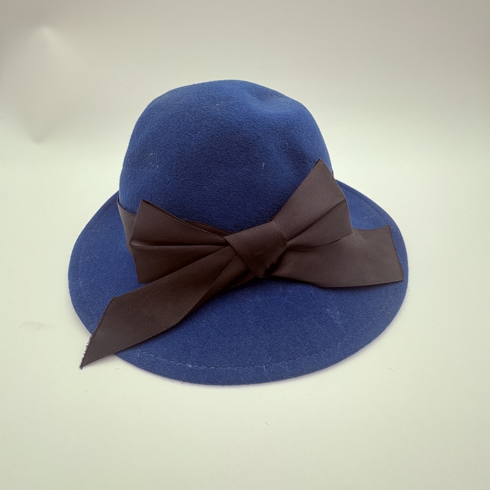 Vintage Liz Claiborne Hat Womens One Size Blue Wool Cloche Wide Brim Bow